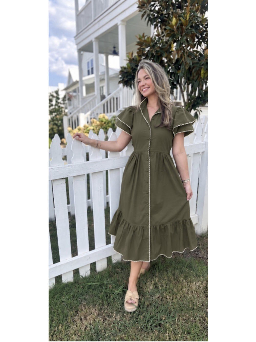 Tuckernuck Olive Green Alice Button Front Midi Dress Collar V Neck Scallop S